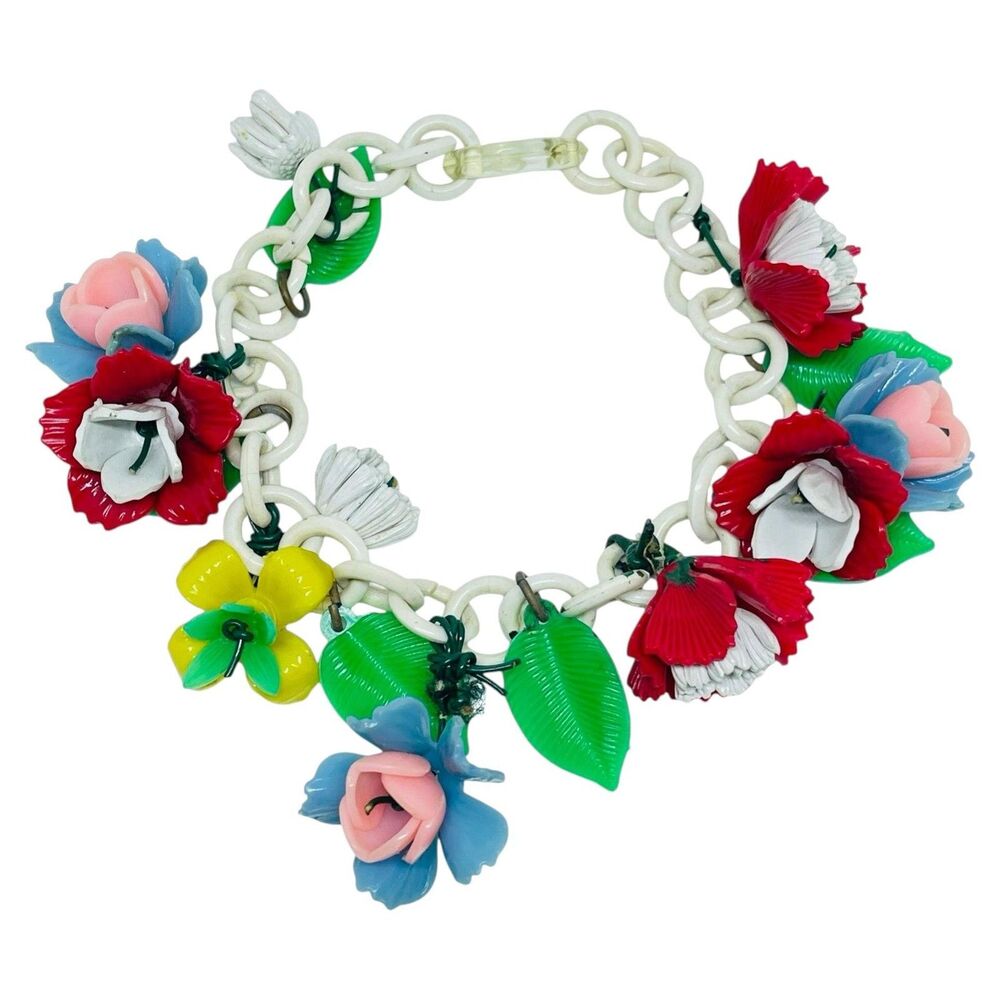 Vintage early plastic white chain colorful flowers 1950's charm bracelet